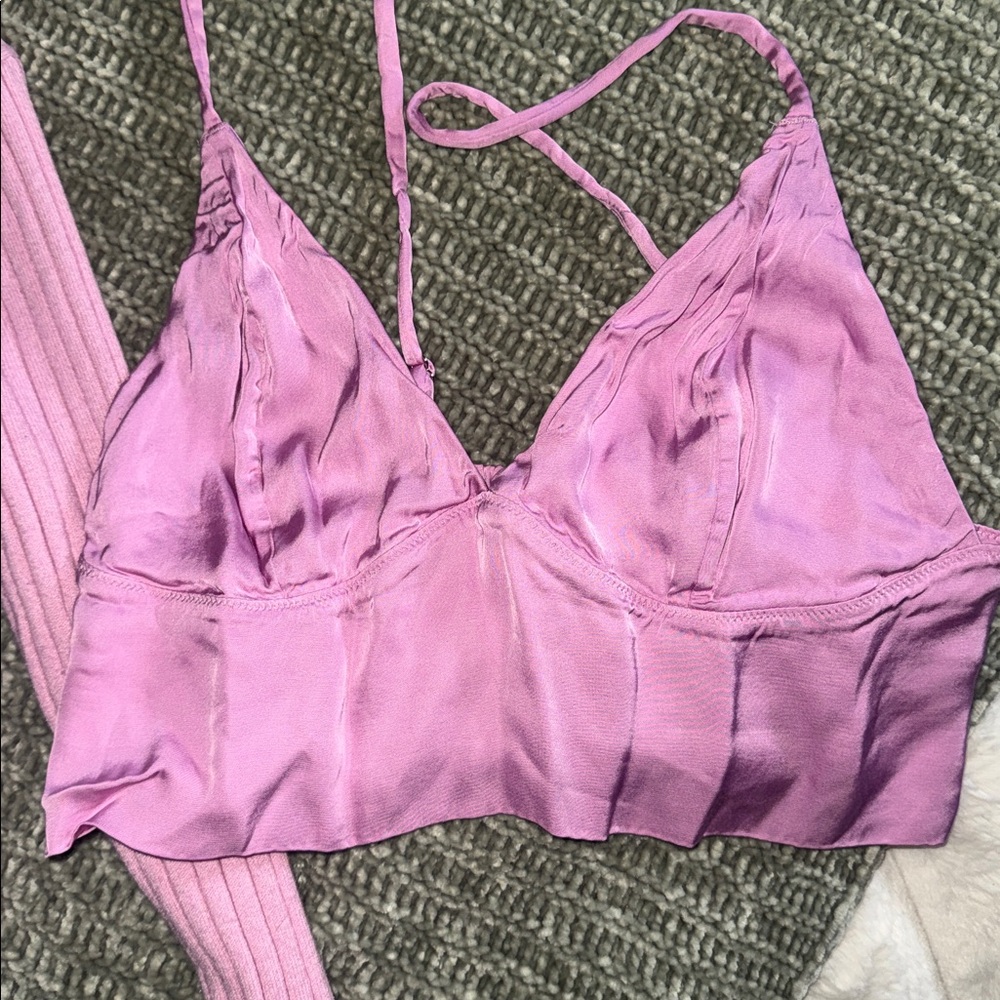 Aerie - Pink Ribbed Button-Up Cardigan and Satin Cami Set - Picture 5 of 7